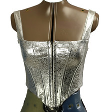 Metallic Silver Lace-Up Back Corset Top Shoulder Strap Hook & Eye Front Close XS