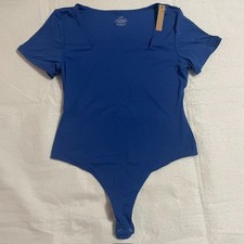 Eshef Womens RIb Knit Short Sleeve Cut Out Bodysuit Blue Size L