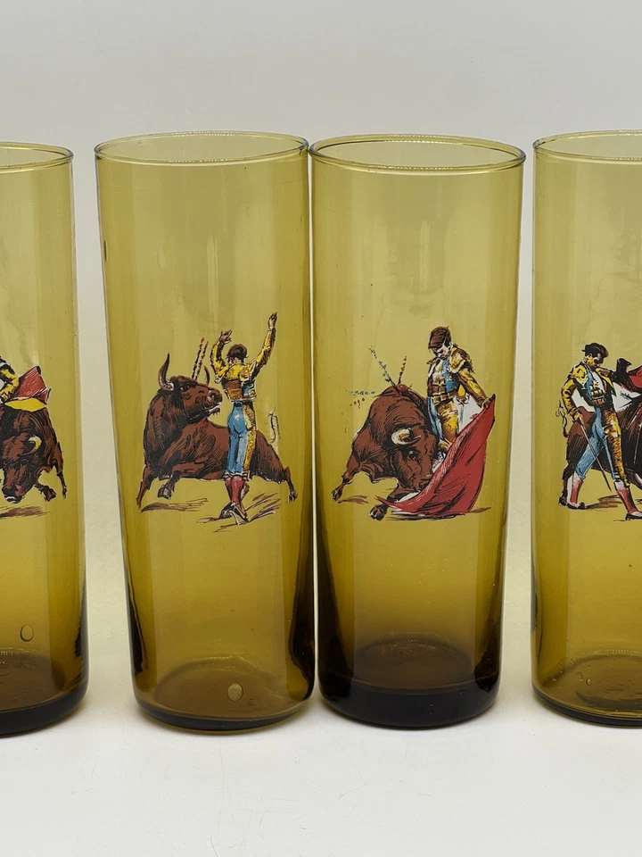Juego de seis vasos altos ámbar soplado a mano matador taurino vintage barware, Foto 4 de 4