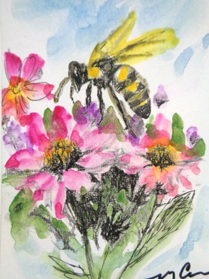 ACEO  Pretty BEE ON SPRING FLOWERS FLORAL  Watercolor Painting