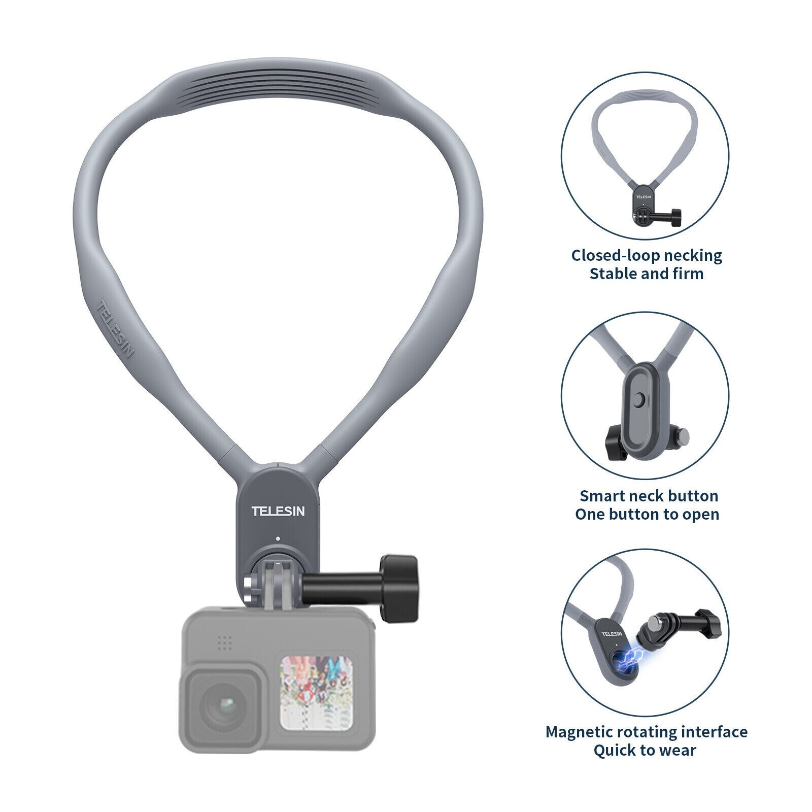 TELESIN Magnetic Neck Hold Mount Quick Release Mount for GoPro Hero 10 9 8 7 6 5