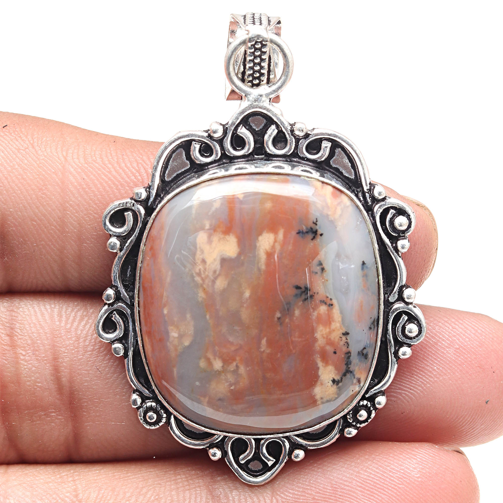 Dendritic Gemstone Silver Pendant Valentine's Day Jewelry 2.25 Inch