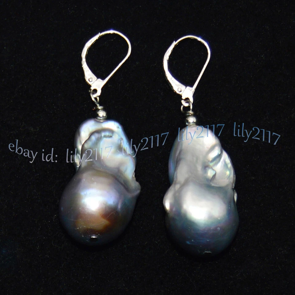 16-29MM NATURAL SILVER GRAY BAROQUE KESHI PEARL DANGLE 14K WHITE GOLD EARRINGS - Image 3 of 4