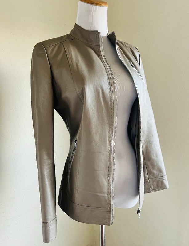 Taupe Leather Tailored Fit Racer Jacket Mock Neck Structured Full Zip Brown M