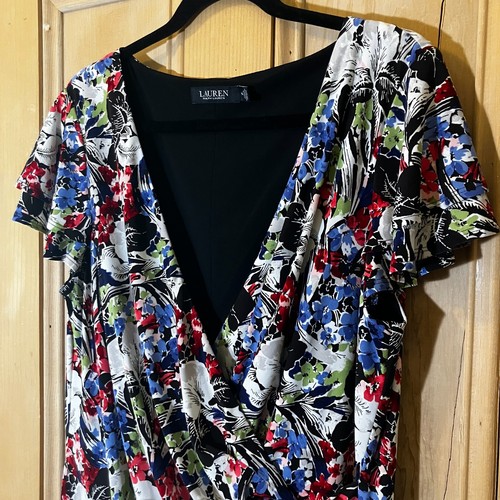 Lauren Ralph Lauren Womens Faux Wrap Floral Stretch Dress Size 16 White SP EXC