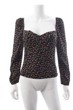 Reformation Reign Floral Printed Stretch-Crepe Top Blouse / Black