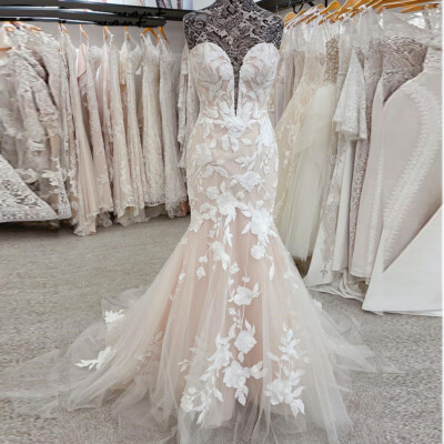 over the top mermaid wedding dresses Wholesale Illusion V-neck Lace Top Mermaid Dress