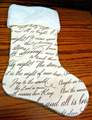 Vintage Elegant Plush White 16''x10'' Christmas Stocking~Silent Night Holy    AA17