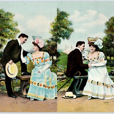 x2 LOT c1900s Romantic Courting Couple Postcard Edwardian Fashion Hat Dress