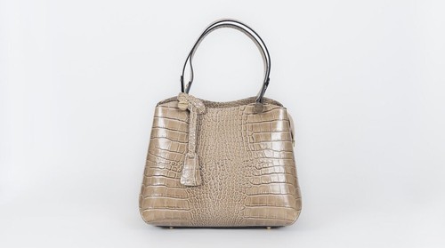 Italian Genuine Leather Shoulder Bag Crocodile Print   - Grey Taupe - Picture 2 of 8