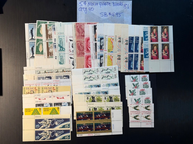 Miscellaneous MNH 5 cent Plate Blocks Qty 40   Starting Bid $4.95