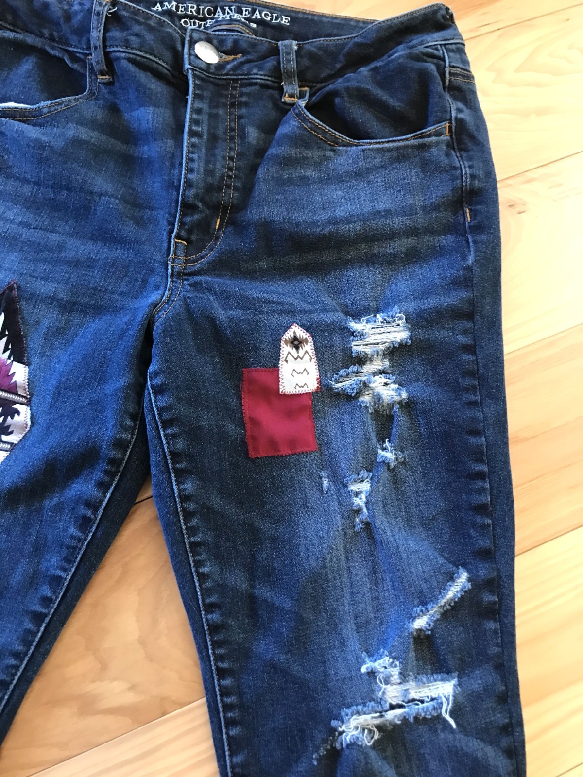Upcycled Aztec Patchwork Jeans, Distressed Croppe… - image 10