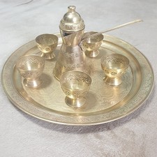Juego de servicio de café de cobre martillado a mano vintage bandeja 5 tazas jarra 7 piezas