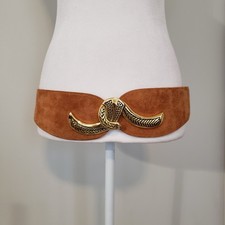 Vintage Suede Leather Wide Belt Statement Buckle Gold Tone Festival Boho