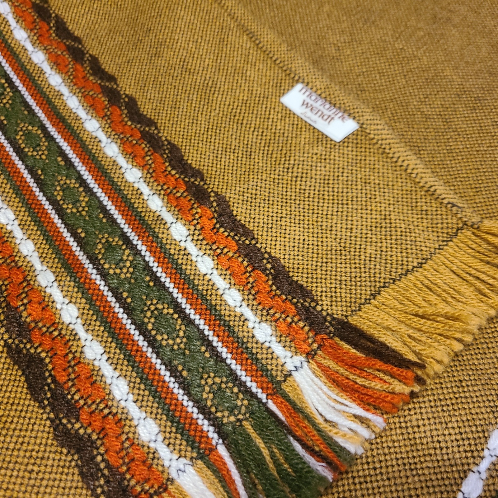 Vtg 70s Marianne Wendt Woven Poncho Fringe Brown Green Orange Boho Hippie Chile image 6