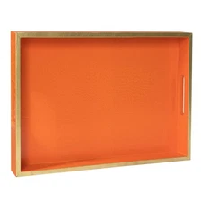 Faux Leather Tray, Rectangular Serving Tray with Handles, Orange Decorative T...