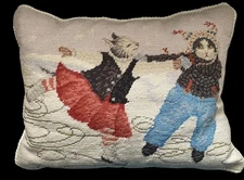 Vtg Needlepoint Ice Skating Cats Couple Winter Throw Pillow 14”x18” Wool Cotton