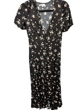 Reformation Dress Womens 4 Black Floral V-Neck Short Sleeve Button Front Midi