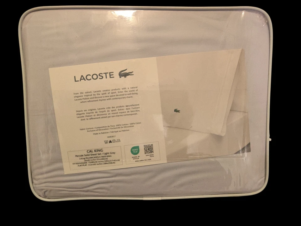 King LACOSTE 100%   Cotton Percale 4-piece California KING Light gray Sheet Set - Image 4 of 4