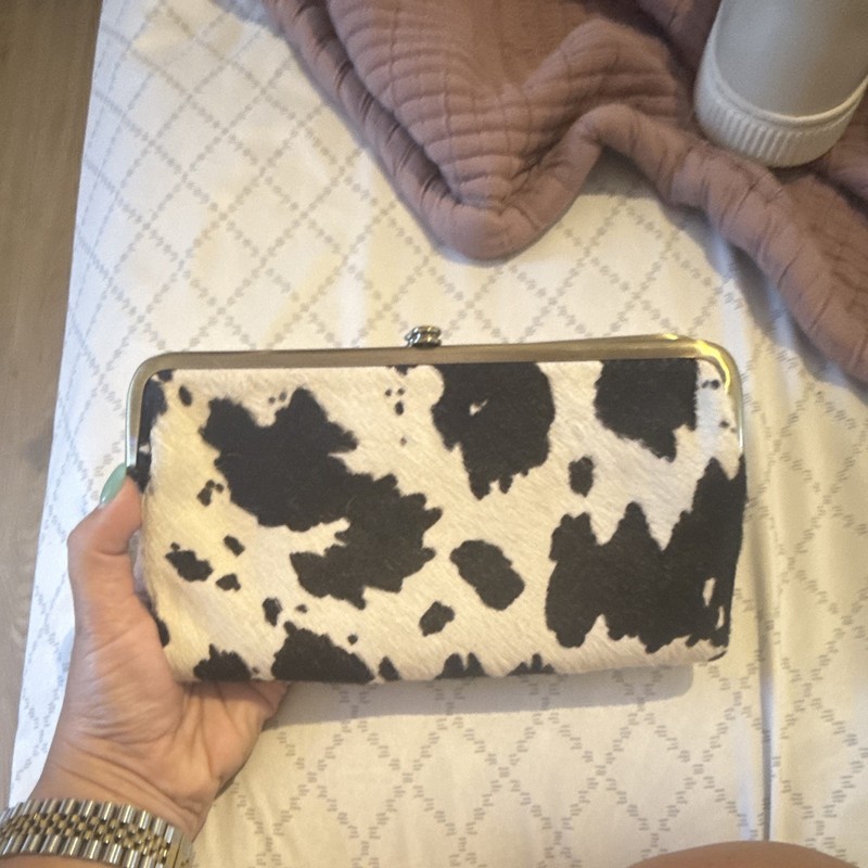 Women’s Black & White Cow Animal Print Zip-Around Wallet with Zipper, hobo brand