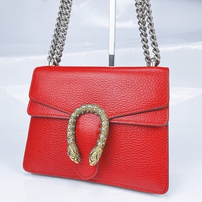GUCCI Dionysus Super Mini Red Leather Chain Shoulder Bag Crystal Auth