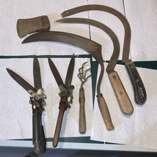 Vintage Garden Tool Lot SICKLE HATCHET GRASS TRIMMER