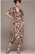 MNG Mango Women's Floral Print Midi Maxi Satin Wrap Dress Brown Cream Small NWOT