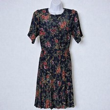 Vintage 90s Leslie Fay Floral Prairie Dress Navy Pleated Tea Secretary 10 Petite
