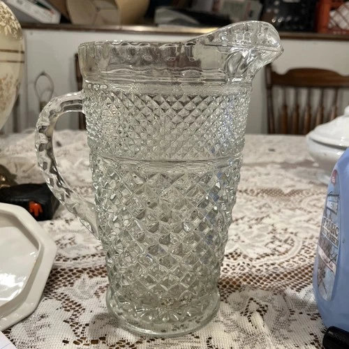 VTG 9.75" Wexford Anchor Hocking Clear Crystal Diamond Point Pitcher Glass