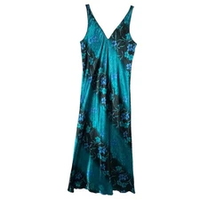 Vtg Warners Maxi Slip Dress Green Floral Satin Gown Strappy Glam 90s Y2K Boho L
