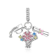 Charms Beads 925 Sterling Silver Graduation Colorful Cap Bouquet Dangle Pendant