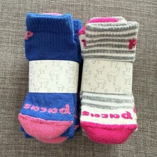 Pocks Girls Crew Socks 6 Pairs Blue Pink Gray White Striped Pattern