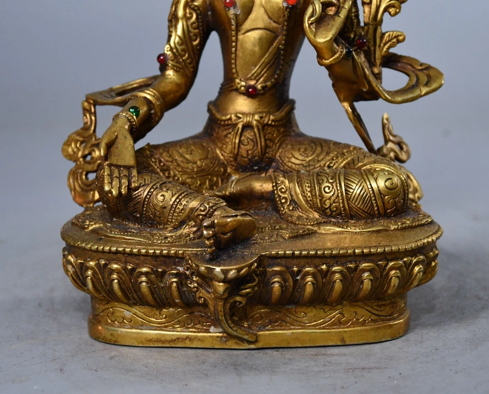 8" Old Antique Tibetan Buddhism Brass Gilt Gem Inlay Green Tara Buddha Statue - Image 4 of 4