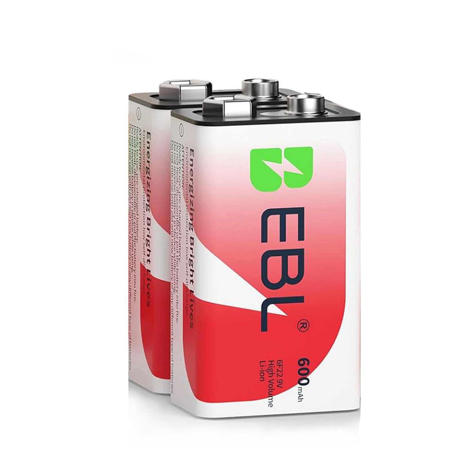 2Pcs EBL 9V 600mAh 6F22 Li-ion Rechargeable Batteries 9Volt 