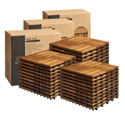 THYOI 30Pcs 12''x12'' Golden Teak Interlocking Deck Tiles Crossed Pattern