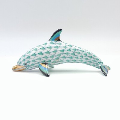 Herend Green Fishnet 4.25'' Dolphin 24K Gold Porcelain Figurine Hungary