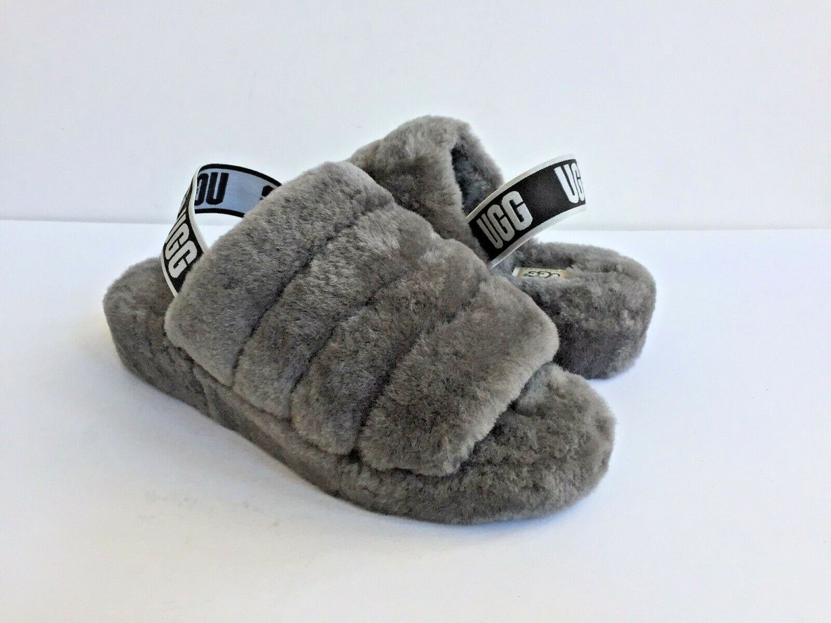 UGG FLUFF YEAH SLIDE CHARCOAL MOCASSIN SLIP ON SANDAL US 11 / EU