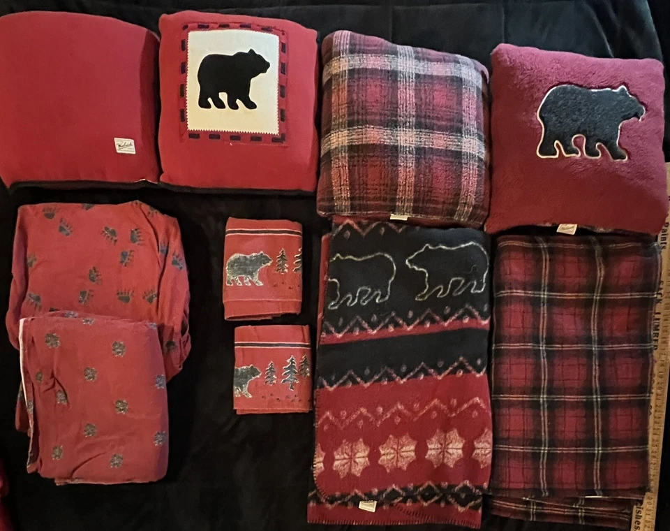 Juego de sábanas Woolrich Bear Q 2 mantas 4 almohadas rojo cabina cuadros lana polar Foto 2 de 4
