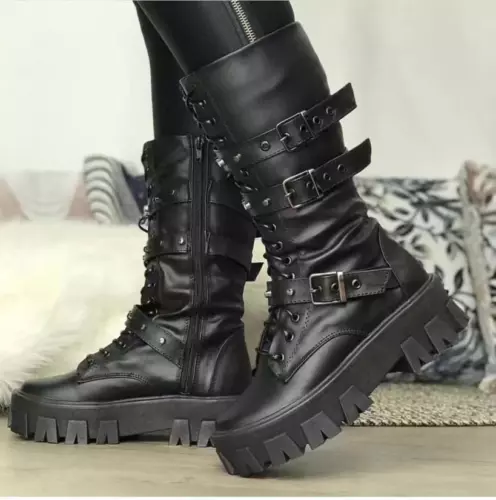 Stivali punk donna tacco a spillo metà polpaccio stivali gotici scarpe stringate zip plateau taglia - Foto 2 di 40