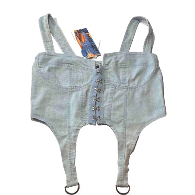 NEW Thrill Jeans CORSET BLUE Denim Bustier Hook Front Stretch Hang Ring STRAPS L