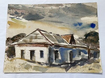 Vintage Landscape Watercolor Painting  Hillside House  by Bill Rakocy