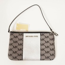NEW MICHAEL KORS CENTER STRIPE BLACK SILVER GRAY,LOGO,PVC,ZIP WALLET,WRISTLET