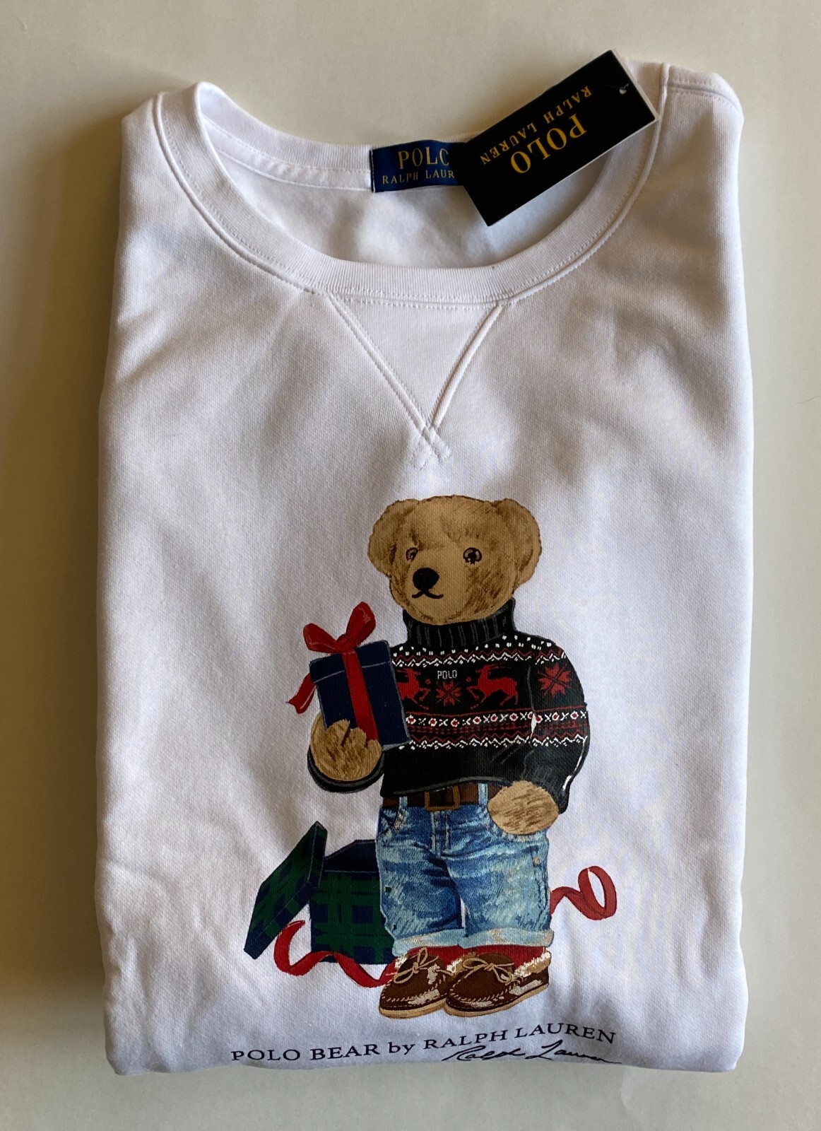 $168 NWT Mens Polo Ralph Lauren Holiday Bear Fleece Crewneck Sweatshirt White