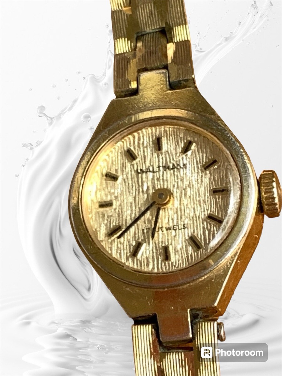 Waltham Ladies Vtg Watch Diamond-cut Band Gold Tone 17 Jewels Wind