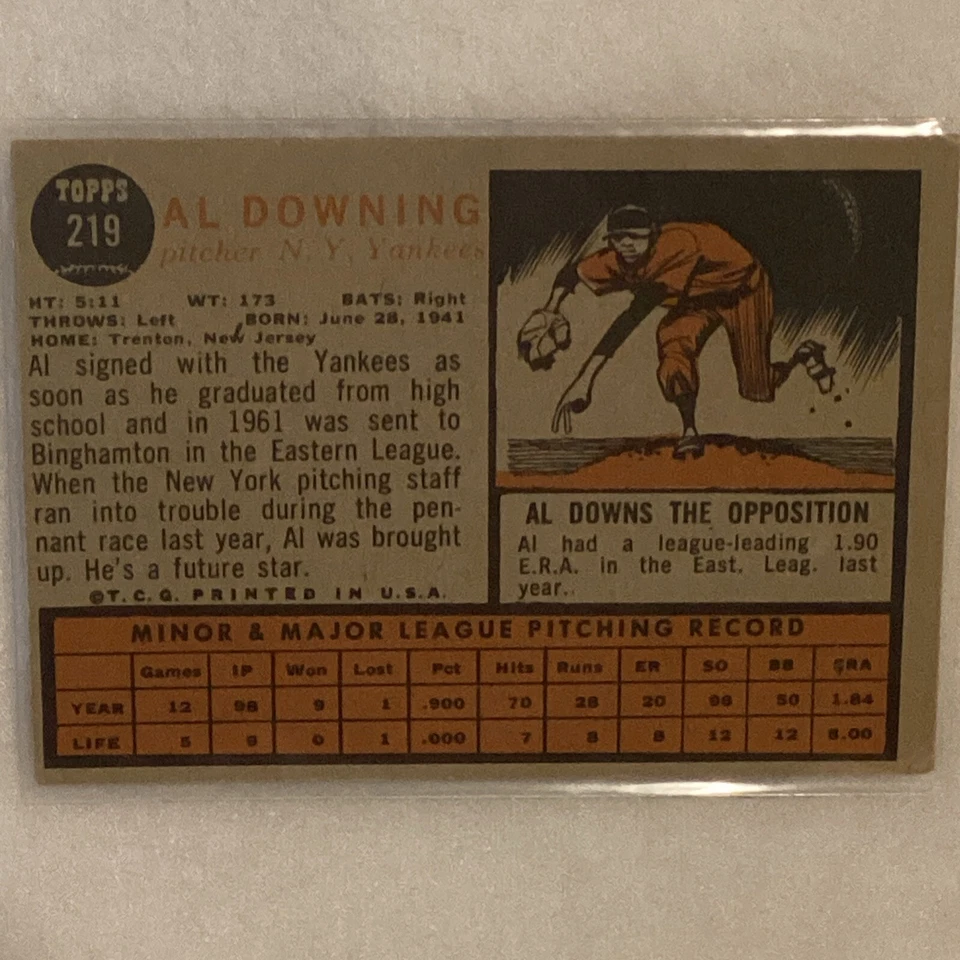 1962 Topps #219 Al Downing New York Yankees Autographed Baseball Rookie Card - Image 3 of 4
