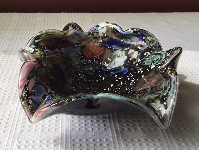 Vintage Greek Mixaha Polychrome Art Glass Bowl, 6 3/4  x 7  x 2 1/2 