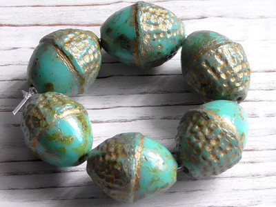 6 - 12x10mm CZECH OPAQUE TURQUOISE PICASSO ACORN METALLIC GOLD WASH GLASS BEADS