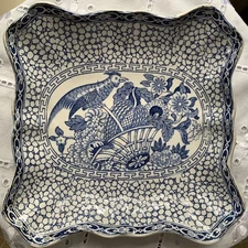 ANTIQUE WILLIAM ADAMS BLUE & WHITE CHINESE BIRD SQUARE SERVING DISH C.1913
