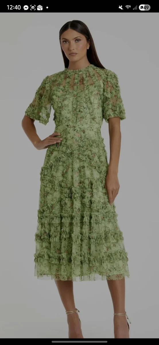 slim fit dress slacks Green Long Crystal Detail Sleeve V Neck Gown main image 0