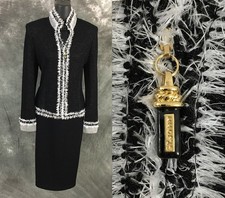 BEAUTIFUL St John collection jacket knit Black white fringe suit blazer size 8
